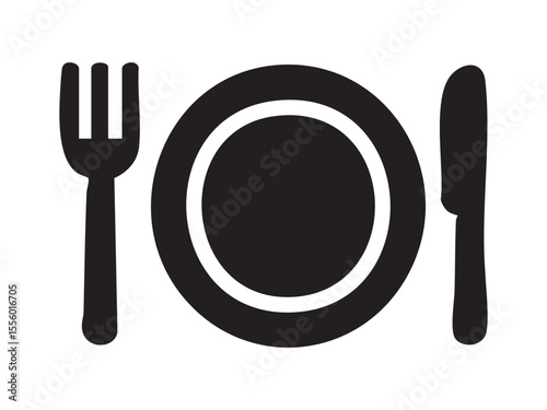 Black silhouette of fork, plate, and knife on white background, graphic illustration. concept of dining, kitchen tableware, restaurant icon, logo design element, culinary art
