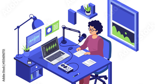 Home studio podcasting vector illustration design for content creators in isometric style