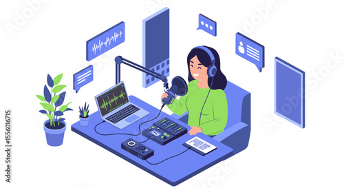 Podcasting enthusiast vector illustration in modern isometric style for digital content design