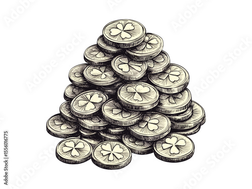 Saint Patrick’s Day gold coin pile engraving, festive Irish symbol, vintage sketch style, old engraving style, seasonal holiday icon, trendy engraved decor, Celtic design art