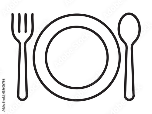 Black outline of plate with fork and spoon on white background, graphic illustration. concept of cooking, dining, kitchenware, icon, logo, design element