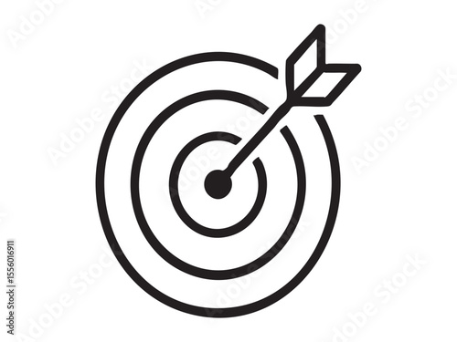 Black outline of archery target with arrow in center isolated on white background, graphic illustration. concept of accuracy, precision, goal setting, icon, logo, design element