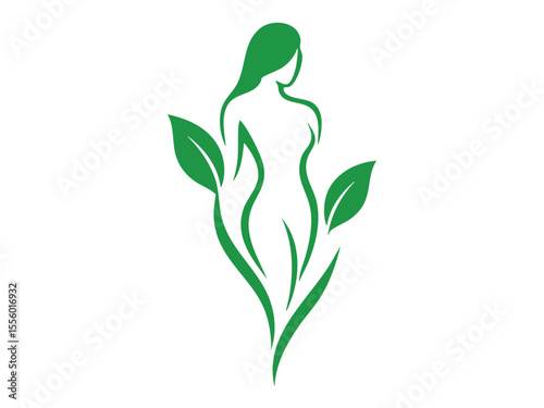 Green silhouette of woman with leaves, isolated on white background, graphic illustration. concept of nature, femininity, eco-friendly design, environmental icon, logo, design element