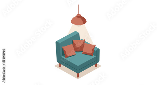 Cozy living room corner vector illustration - minimalist isometric design for interior decor