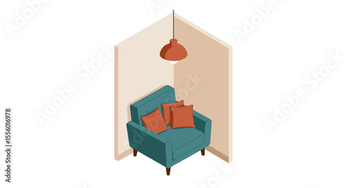 Cozy reading nook vector illustration for interior design and home decor in isometric style