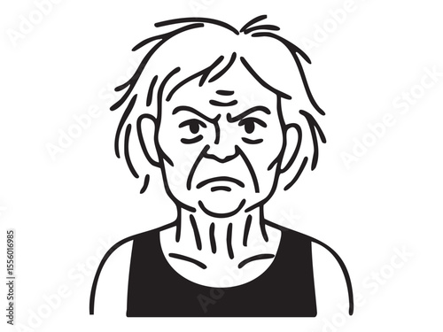Black outline of angry old woman face isolated on white background, graphic illustration. Concept of senior female character, negative emotion, grumpy person, expressive portrait, design element
