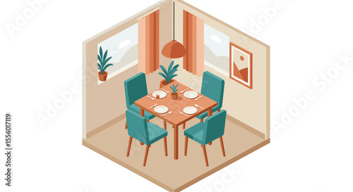 Cozy dining room scene vector illustration in isometric style for interior design prints