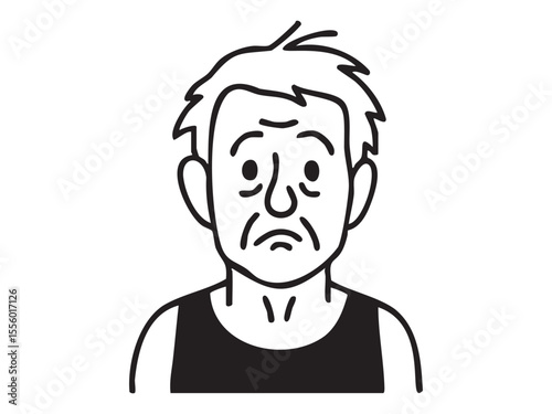 Black outline illustration of elderly man with worried and sad expression in sleeveless shirt, isolated on white background. concept of senior, emotion, aging, character design, portrait