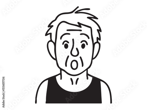 Black and white line art of surprised middle-aged man isolated on white background, graphic illustration. concept of icon, logo, facial expression, shock, design element, outline