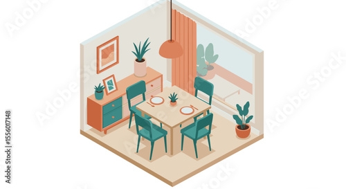 Cozy dining room scene vector illustration in isometric style for interior design concepts