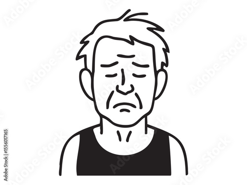 Black outline of elderly man with sad expression in sleeveless shirt, isolated on white background, graphic illustration. concept of human emotion, aging, portrait, mood, design element