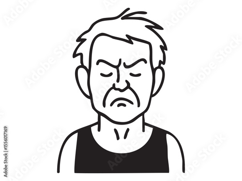 Black outline of angry old man with closed eyes isolated on white background. Concept of senior male character, frustration, emotional exhaustion, grumpy expression, design element