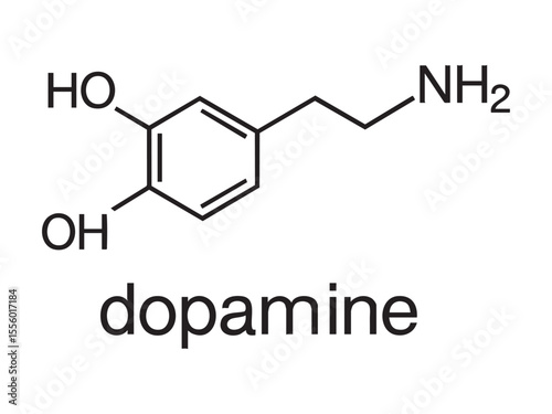 Chemical structure of dopamine molecule, isolated on white background, black graphic illustration. concept of neurotransmitter, brain chemistry, biochemistry, scientific study, design element