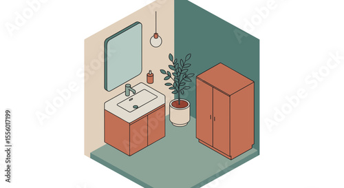 Minimalist bathroom vector illustration: modern interior design in isometric style for home decor