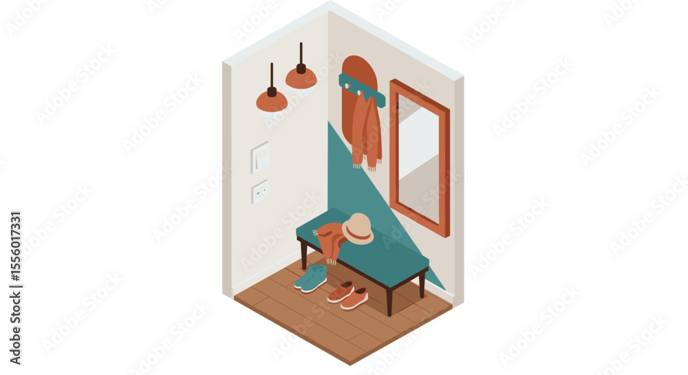 Obraz premium Cozy entrance interior vector illustration in isometric style for home decor