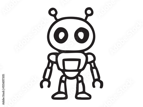 Black outline of robot toy isolated on white background, graphic illustration. concept of futuristic icon, logo, artificial intelligence, toy design, technology element