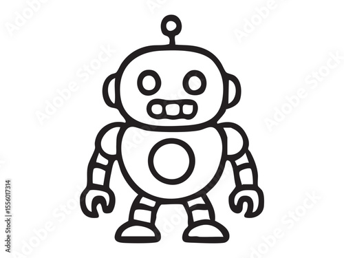 Black outline of robot toy with antenna isolated on white background, graphic illustration. concept of robot icon, toy design, futuristic art, technology theme, design element