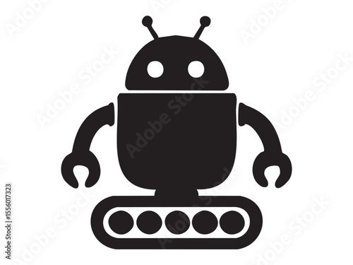 Black silhouette of robot toy with antenna and treads isolated on white background, graphic illustration. concept of futuristic design, childhood plaything, icon, logo, design element