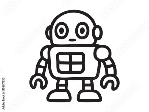 Black outline of robot toy isolated on white background, graphic illustration. concept of icon, logo, childhood plaything, futuristic design, mechanical character, creative art