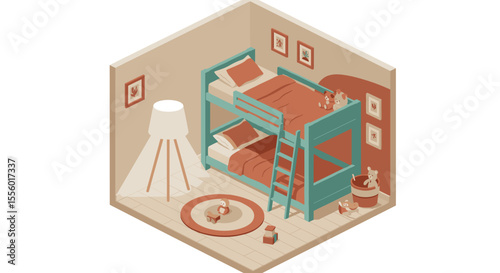 Cozy children's room vector illustration, isometric style, design for nursery decor