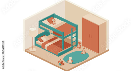 Cozy child's bedroom scene vector illustration for interior design in isometric style