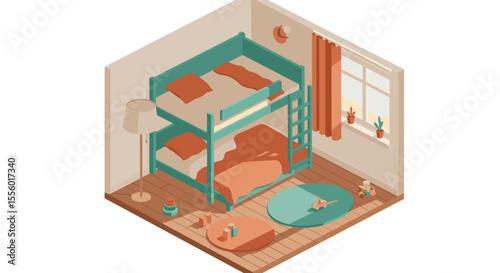 Cozy kids bedroom vector illustration: warm isometric room design with bunk bed for decor and print