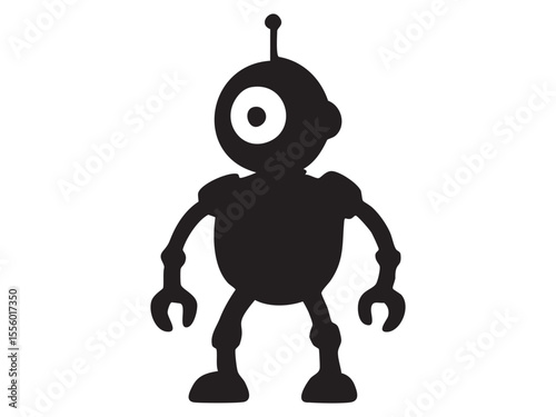 Black silhouette of robot toy in standing pose, isolated on white background, graphic illustration. concept of technology, futuristic design, kids toy, icon, logo, design element