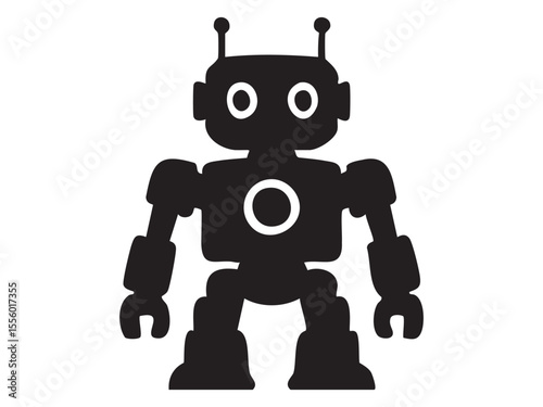 Black silhouette of robot toy isolated on white background, graphic illustration. concept of futuristic technology, artificial intelligence, sci-fi gadget, icon, design element