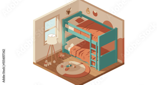 Cozy kids room design with bunk beds in isometric vector illustration for interior design