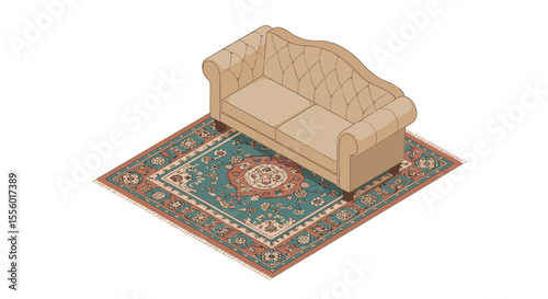Vintage sofa on oriental rug vector illustration for home decor and interior design