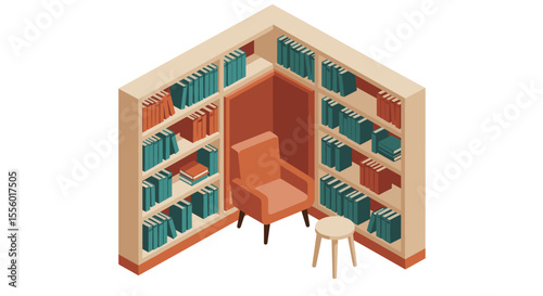 Cozy reading nook vector illustration: isometric design for library decor, poster, or card