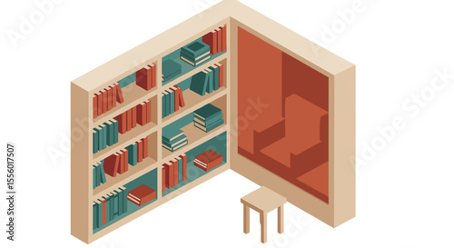 Cozy reading nook vector illustration: isometric bookshelf design for interior decor