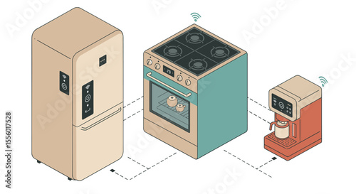 Smart home appliances vector illustration in isometric style for kitchen design concepts