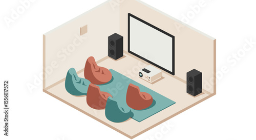 Isometric cinema room vector illustration for interior design and home theater concepts