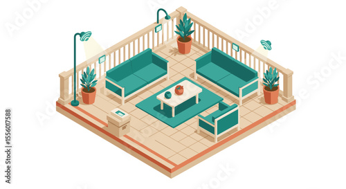 Isometric balcony vector illustration for outdoor living space design