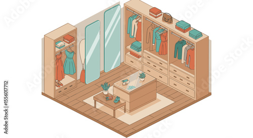 Isometric vector illustration of a modern walk-in closet for design inspiration