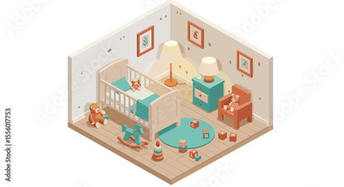 Cozy nursery room vector illustration for children’s interior design in isometric style