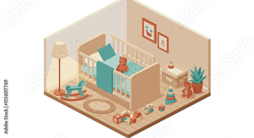 Cozy baby nursery vector illustration in isometric style for room design inspiration