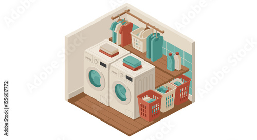 Laundry room vector illustration: modern home isometric design for interior decor