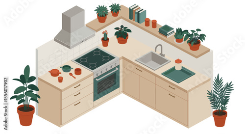 Modern kitchen vector illustration: isometric design for interior decor and home appliances