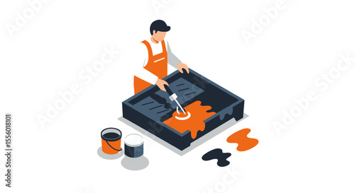 Screen printing process vector illustration for design and apparel art - isometric flat style