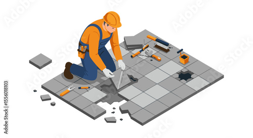 Construction worker repairing floor tiles vector illustration - isometric style for design projects