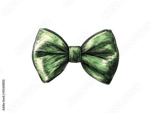 Vintage Saint Patrick’s Day green bowtie, festive fashion accessory, hand-drawn sketch, Irish holiday motif, trendy engraved decor, black vintage engraving, retro style illustration