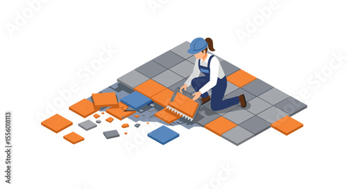 Tiling process vector illustration: construction worker laying tiles in isometric style for design projects