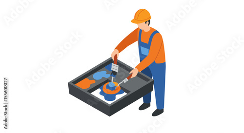 Construction worker mixing paints vector illustration for industrial design in isometric style