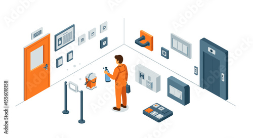 Isometric office disinfection vector illustration for safety poster design