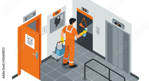Janitor cleaning office corridor vector illustration - workplace safety concept in isometric style