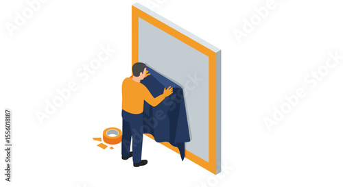 Man installing carpet against wall vector illustration in isometric style for interior design concepts