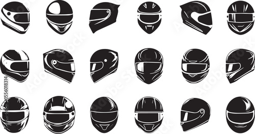 Collection of racing and safety helmet icon designs for graphic use. Flat Sport Helmet and Protection Equipment Vectors.
