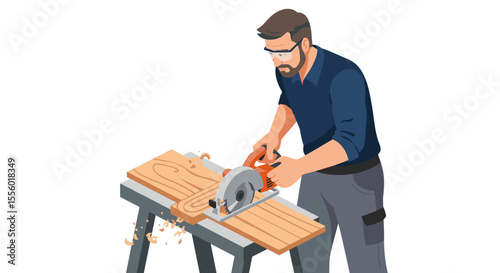 Carpenter at work vector illustration, woodworking concept, design for print, flat style